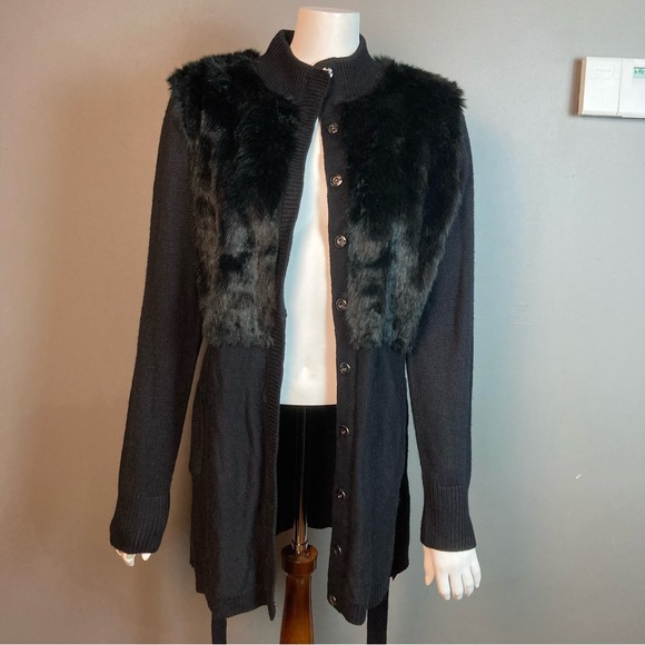 NWT T Tahari faux fur belted cardigan black wool blend large - Picture 3 of 11